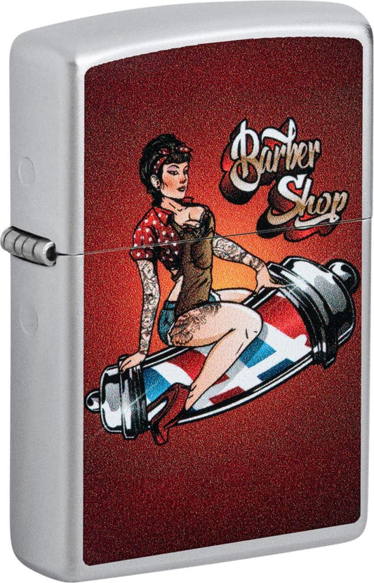 Genuine Zippo Lighter - Barber Shop Pin-Up Chrome with Print